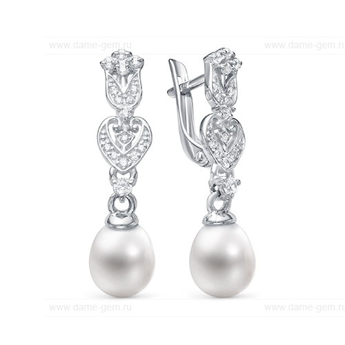 Серьги из серебра с белыми жемчужинами "капля" 7,5-8 мм. Артикул 12200
