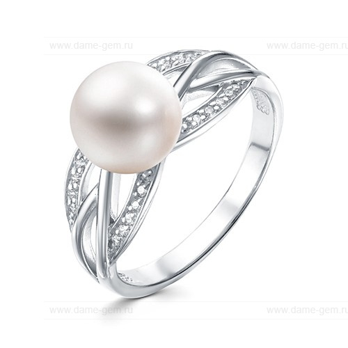 Кольцо из белого золота 585 пробы с белой жемчужиной 7,5-8 мм. Артикул 10148
