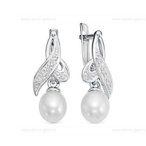 Серьги из серебра с белыми жемчужинами 7,5-8 мм. Артикул 9403