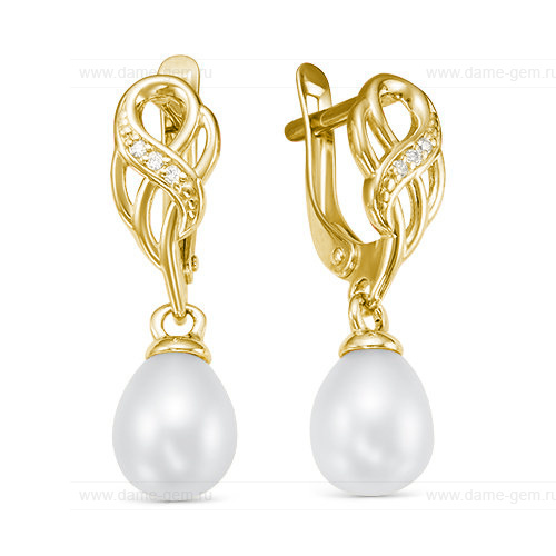 Серьги из желтого золота с белыми жемчужинами 9-10 мм. Артикул 12806