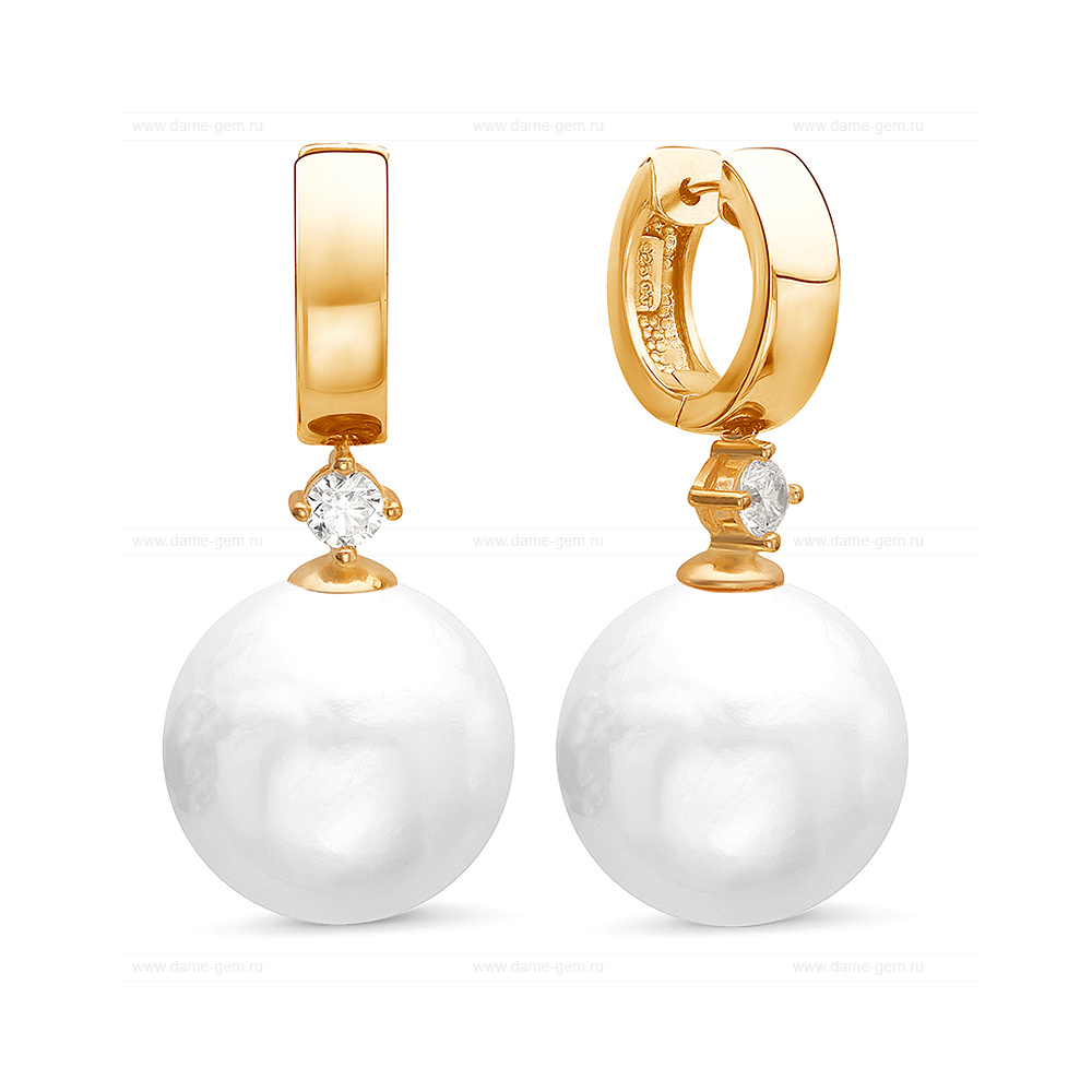 Серьги из серебра с японскими белыми жемчужинами 13,5-14 мм. Артикул 12075