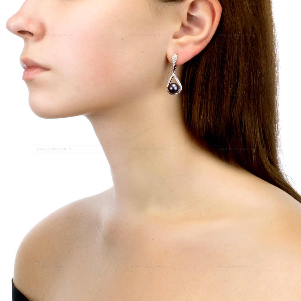 Серьги из серебра с черными жемчужинами 8,5-9 мм. Артикул 11340