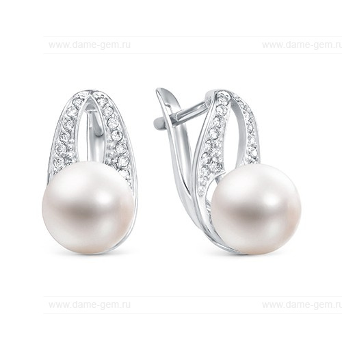 Серьги из серебра с белыми жемчужинами 8,5-9 мм. Артикул 10817