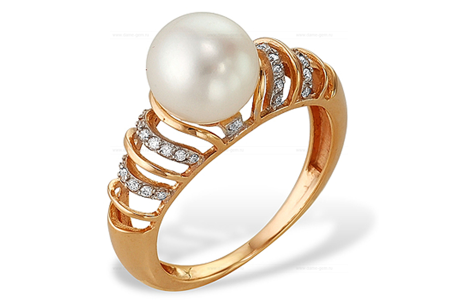 Кольцо из красного золота 585 пробы с белой жемчужиной 7-7,5 мм. Артикул 12056