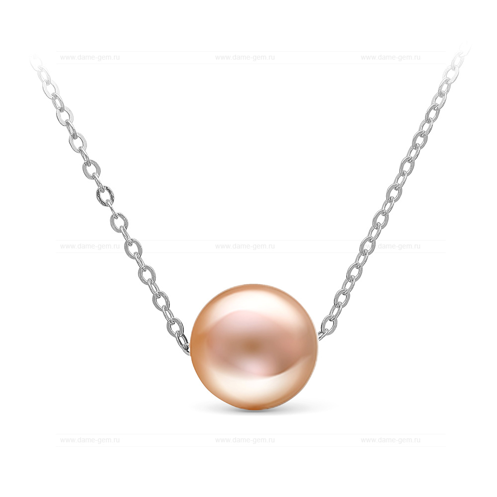 Цепочка из белого золота 585 пробы с розовой морской жемчужиной 9,5-10 мм. Артикул 9277