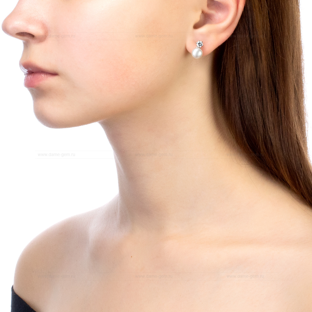Серьги из серебра с белыми жемчужинами 7,5-8 мм. Артикул 10386