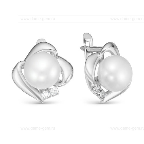 Серьги из серебра с белыми жемчужинами 8,5-9 мм. Артикул 11083