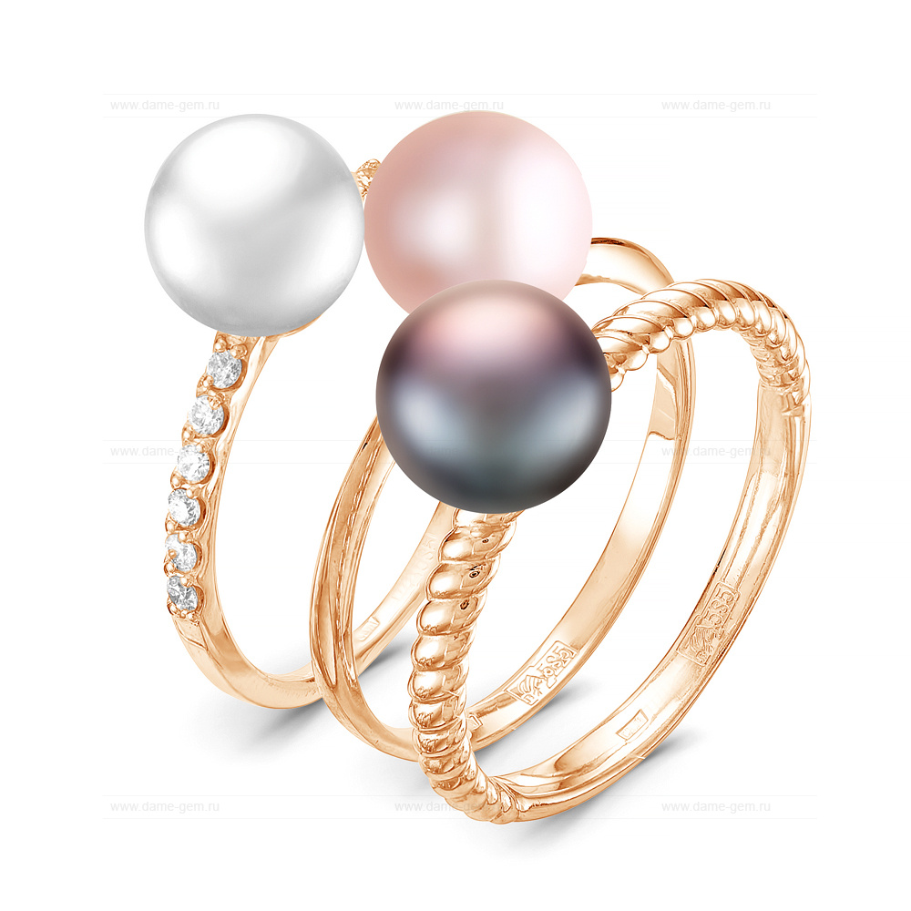 Кольцо тройное из серебра 925 пробы с жемчужинами "микс" 7-7,5 мм. Артикул 11815