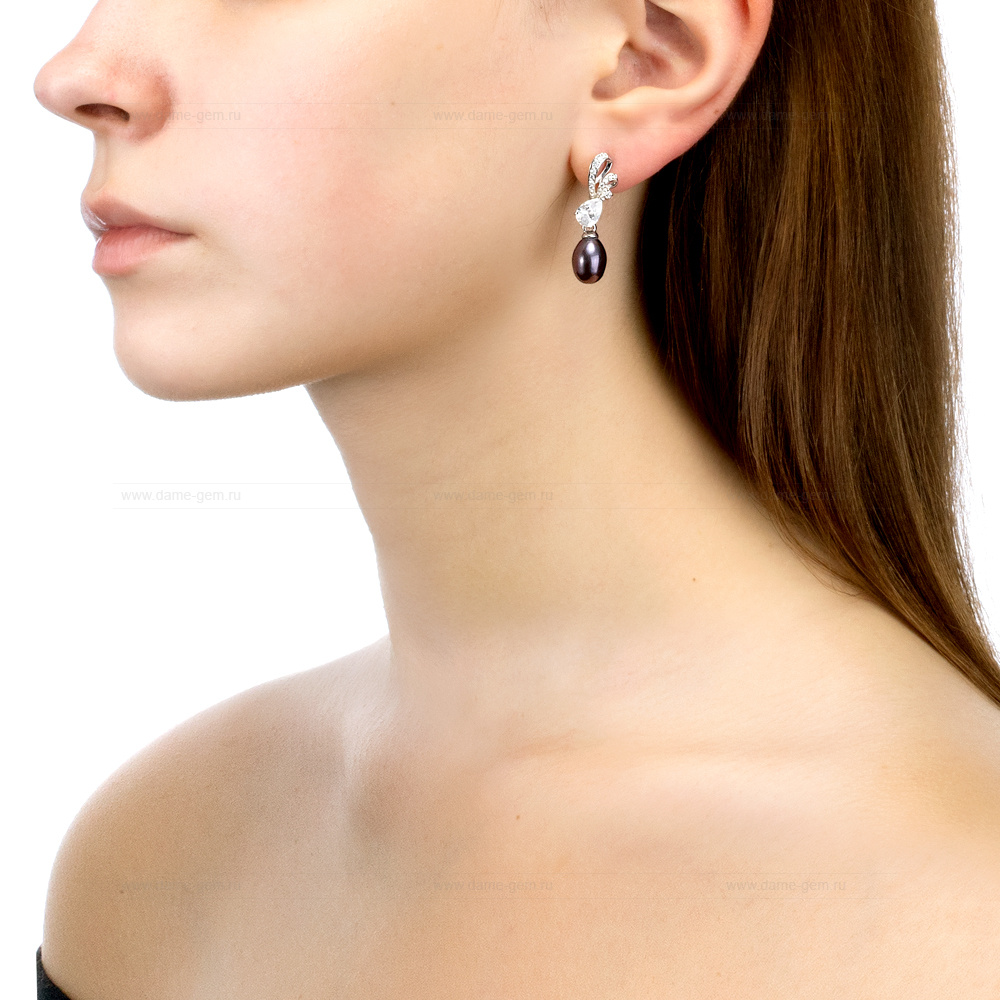 Серьги из серебра с черными жемчужинами "капля" 7,5-8 мм. Артикул 12470