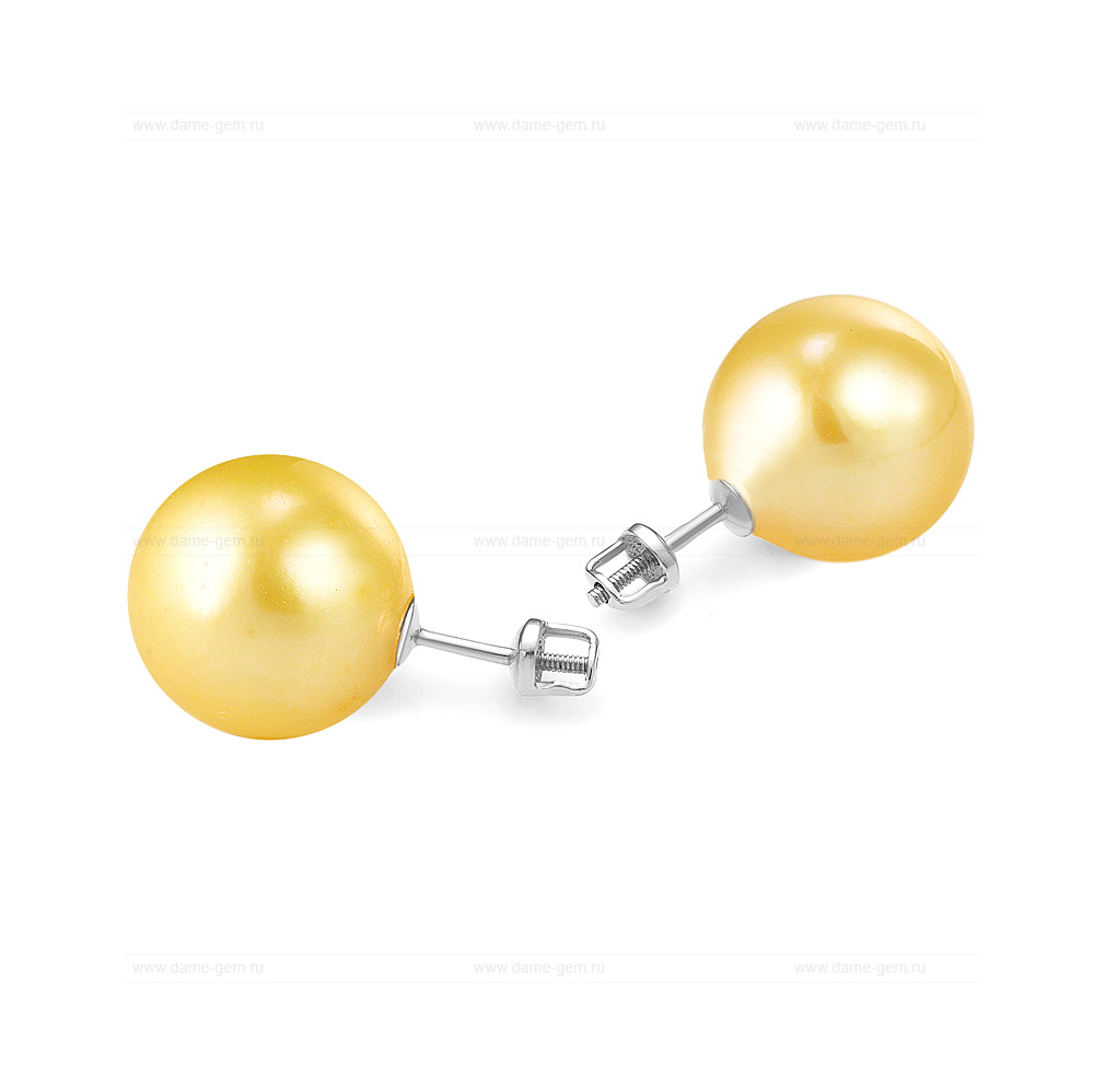 Пусеты из серебра с золотистыми жемчужинами "Майорика" 12 мм. Артикул 12233