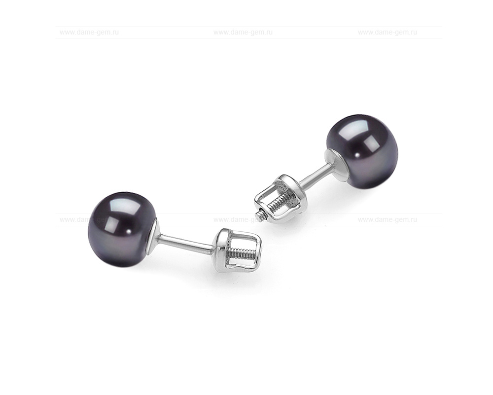Пусеты из серебра с черными жемчужинами 7-7,5 мм. Артикул 11398