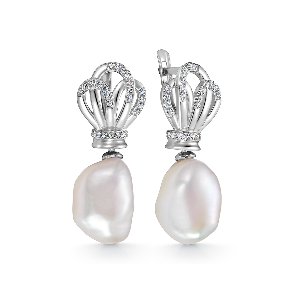 Серьги из серебра 925 пробы с белыми барочными жемчужинами 11-14 мм. Артикул 10507