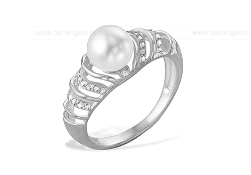 Кольцо из белого золота 585 пробы с белой жемчужиной 7-7,5 мм. Артикул 9158