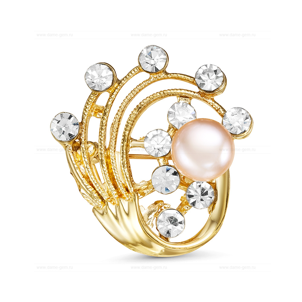 Брошь из сплава с розовой жемчужиной 9,5 мм. Артикул 12153