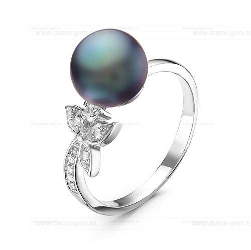 Кольцо из серебра 925 пробы с черной жемчужиной 8,5-9 мм. Артикул 10923