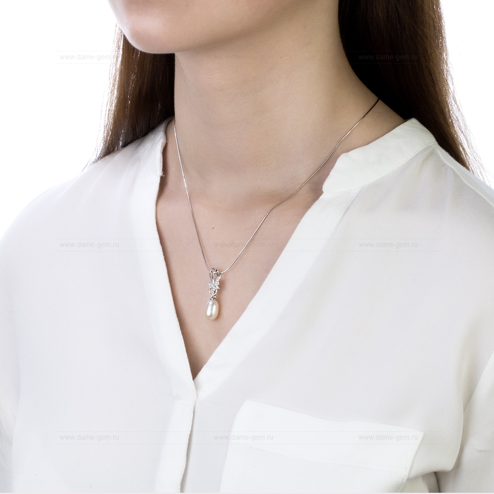 Кулон из серебра с белой жемчужиной "капля" 7,5-8 мм. Артикул 9472