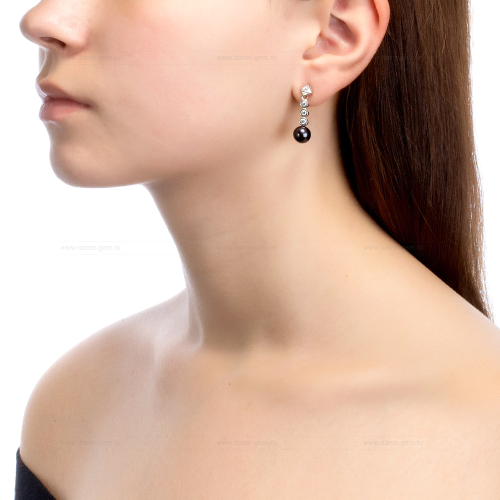 Серьги из серебра с черными жемчужинами 8,5-9 мм. Артикул 9620