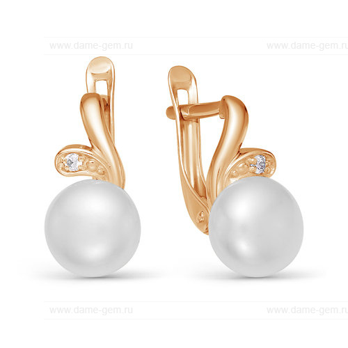 Серьги из красного золота с белыми жемчужинами 8,5-9 мм. Артикул 12010