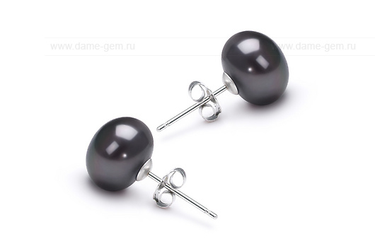 Пусеты из серебра с черными жемчужинами 8,5-9 мм. Артикул 10176 Пусеты из серебра с черными жемчужинами 8,5-9 мм. Артикул 10176