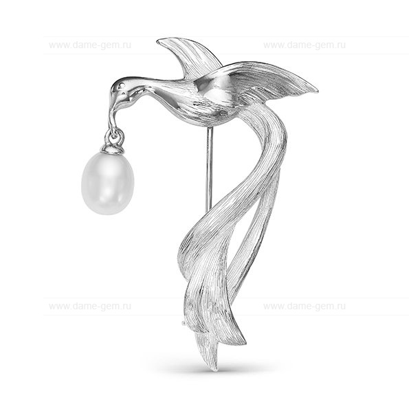 Брошь "Птица" из серебра с белой жемчужиной 7,5-8 мм. Артикул 11960