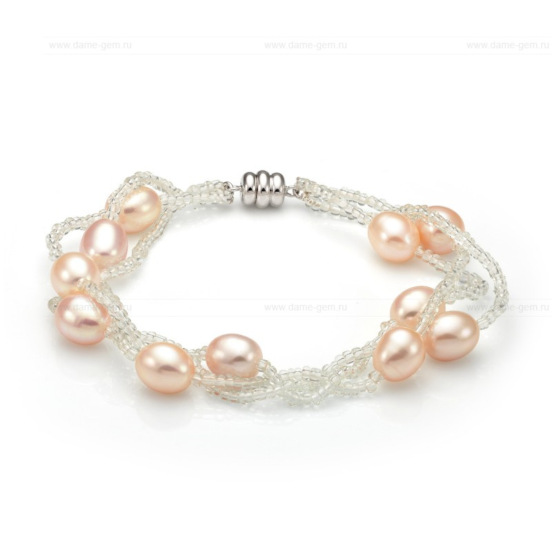 Браслет в 3 ряда из розового речного жемчуга 7,5-8 мм. Качество жемчуга наивысшее ААА. Артикул 9388