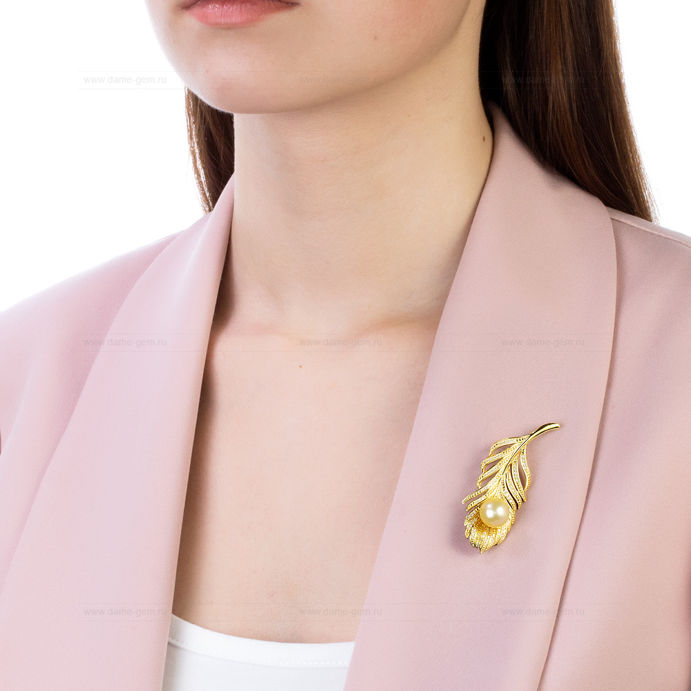 Брошь "Перо" из серебра с морской Австралийской жемчужиной 10-10,5 мм. Артикул 12538