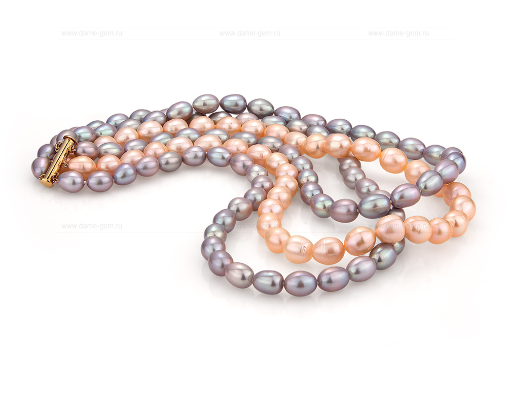 Ожерелье в 3 ряда из рисообразного жемчуга 10-11 мм. Качество жемчуга наивысшее ААА. Артикул 9382