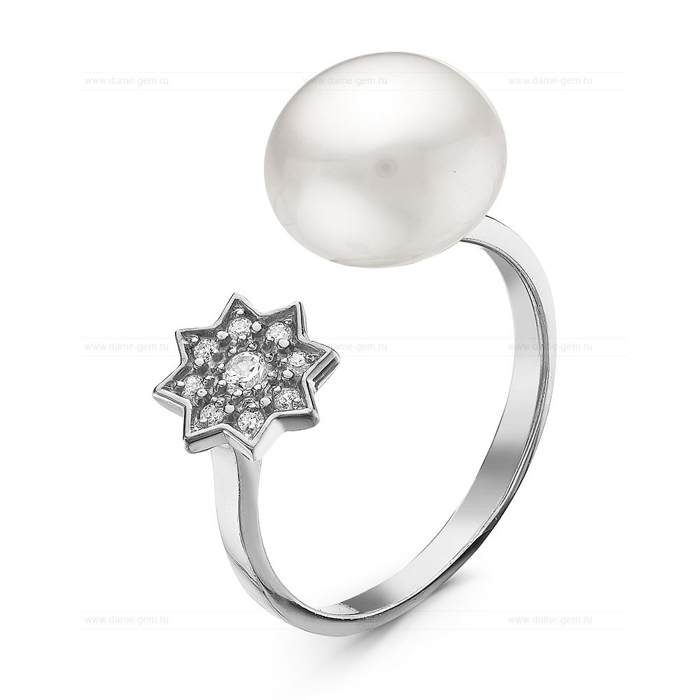 Двойное кольцо "Dior" из серебра 925 пробы с белой жемчужиной 8,5-9 мм. Артикул 10905