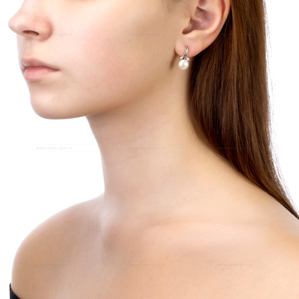 Серьги из серебра с белыми жемчужинами 8 мм. Артикул 12064