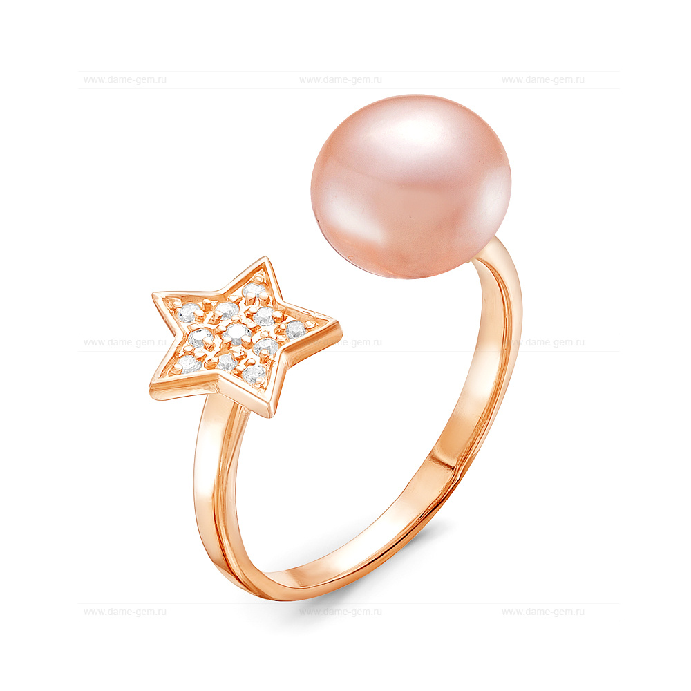 Двойное кольцо "Dior" из серебра 925 пробы с розовой жемчужиной 8,5-9 мм. Артикул 11582