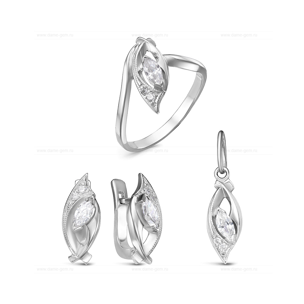 Комплект из серебра 925 пробы с фианитами. Серьги, кольцо и кулон. Артикул 12560 Комплект из серебра 925 пробы с фианитами. Серьги, кольцо и кулон. Артикул 12560