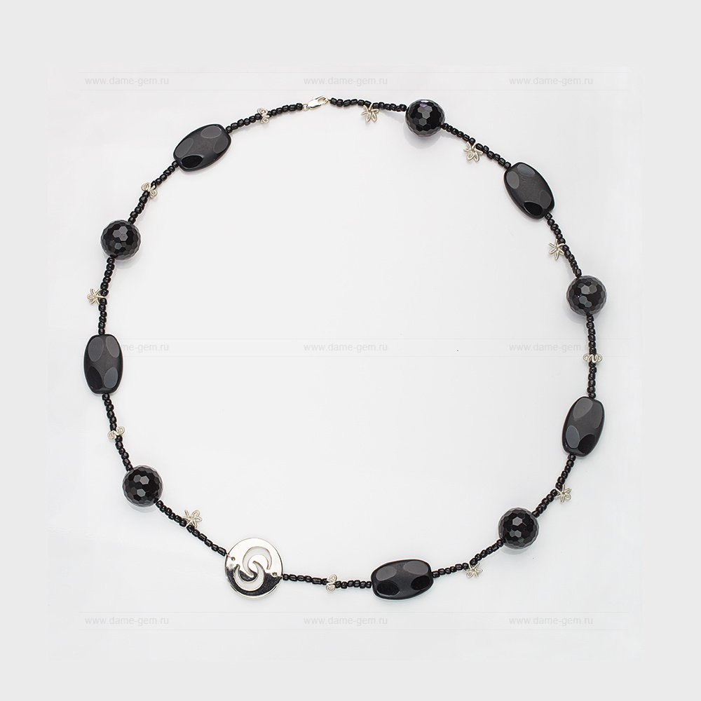 Бусы из черного агата со вставками из бисера и сплава. Артикул 12649
