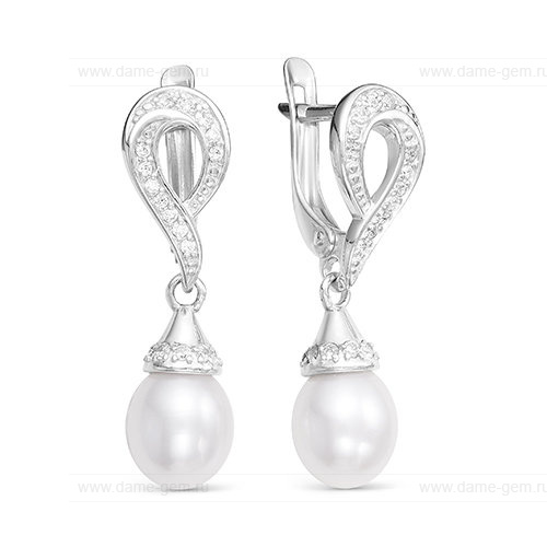 Серьги из серебра с белым каплевидным жемчугом 7,5-8 мм. Артикул 12391