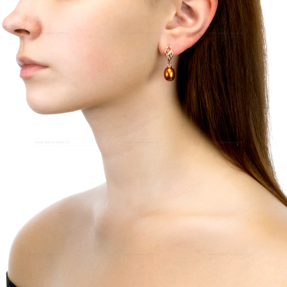 Серьги из серебра с шоколадными жемчужинами "капля" 8,5-9 мм. Артикул 12540