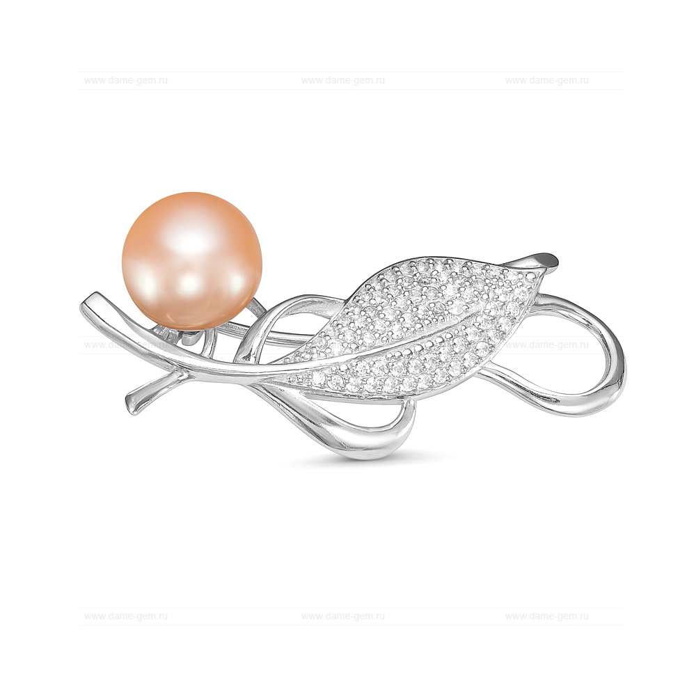 Брошь из серебра с розовой жемчужиной 9,5-10 мм. Артикул 8478