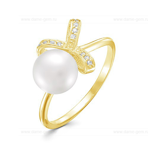 Кольцо из желтого золота 585 пробы с белой жемчужиной 8,5-9 мм. Артикул 12354