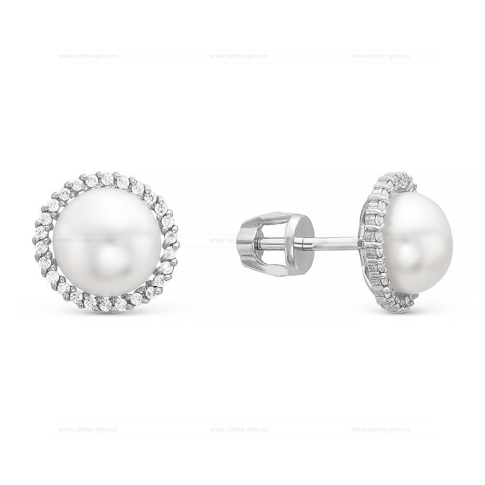 Серьги-пусеты из серебра с белыми жемчужинами 8,5-9 мм. Артикул 10415
