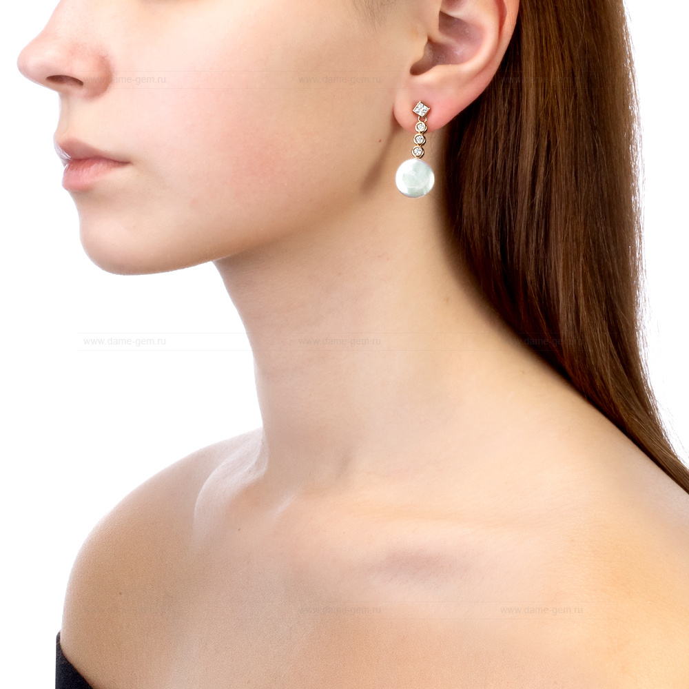 Серьги из серебра с белыми жемчужинами "барокко" 13,5-14 мм. Артикул 12480
