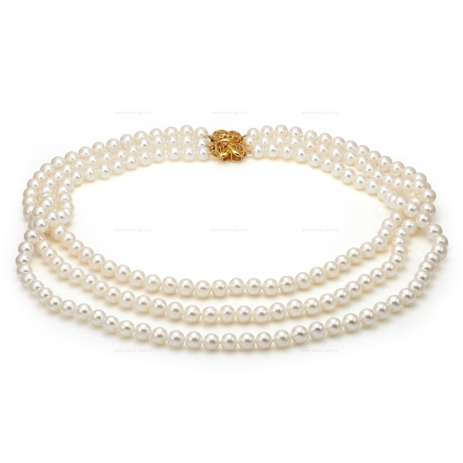 Ожерелье в 3 ряда из белого круглого речного жемчуга 6-6,5 мм. Качество жемчуга высокое АА+. Артикул 10511