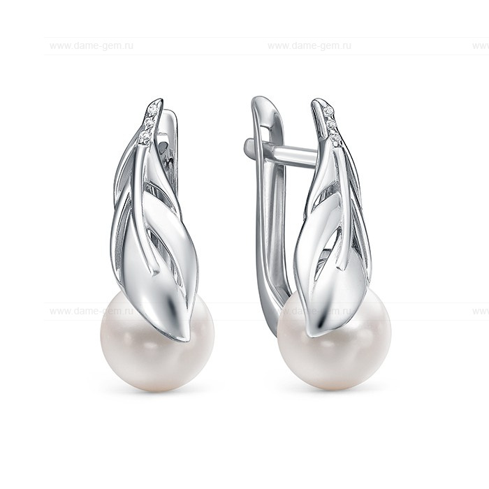 Серьги из серебра с белыми жемчужинами 7,5-8 мм. Артикул 10389