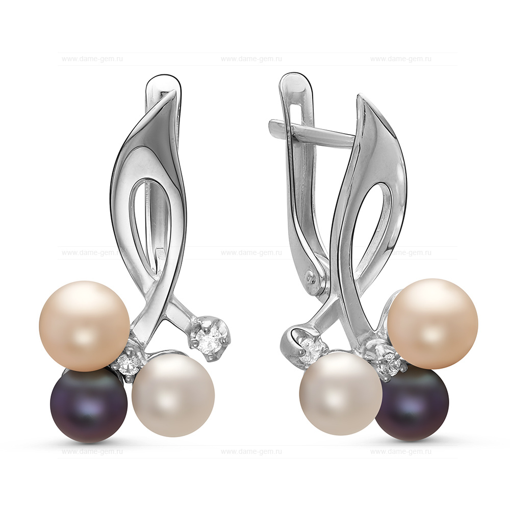 Серьги с белыми, черными и розовыми жемчужинами 4,5-7 мм. Артикул 10986