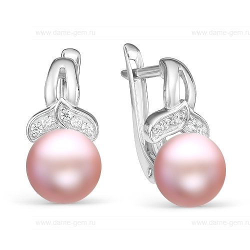 Серьги серебряные с розовым жемчугом 9,5-10 мм. Артикул 10400