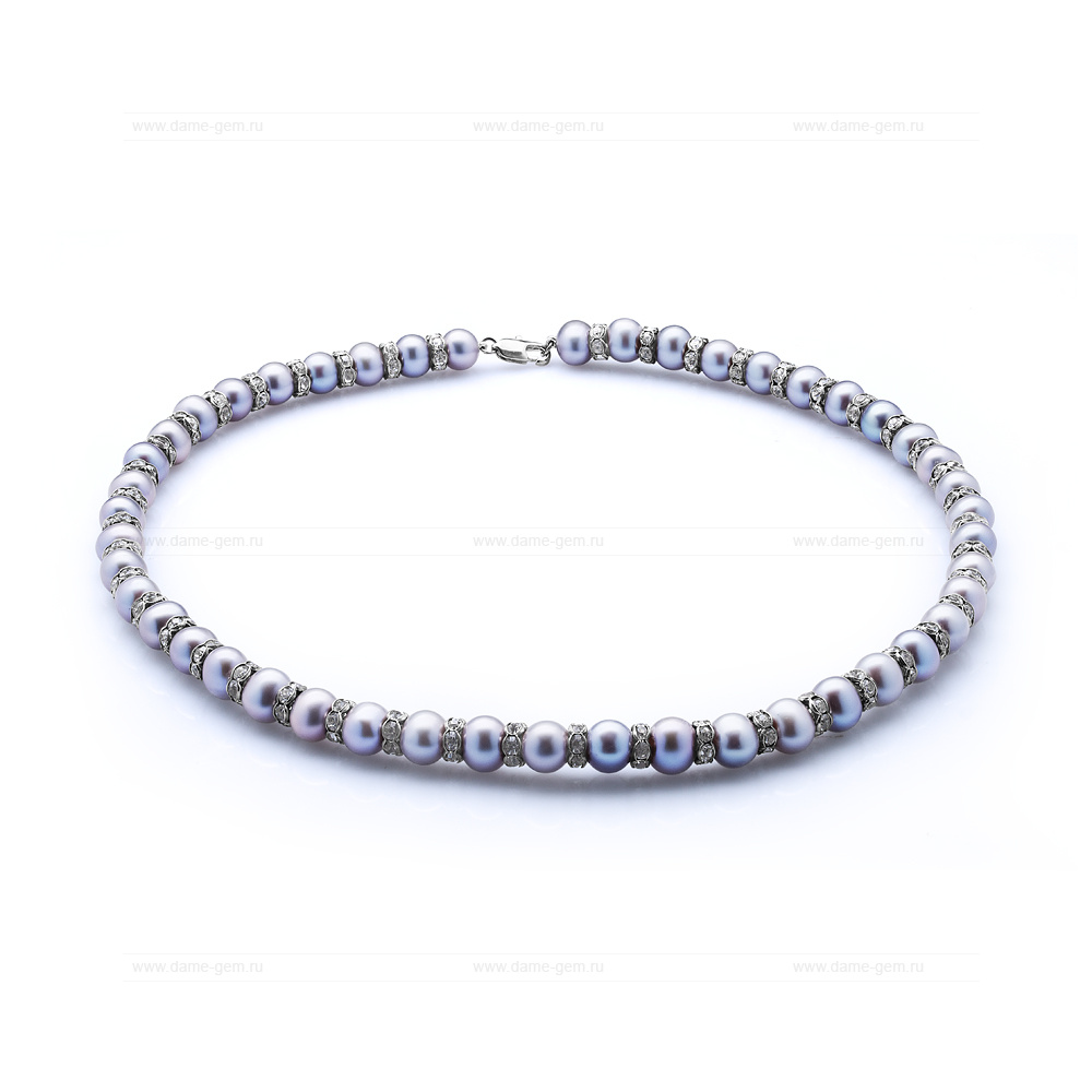 Ожерелье со стразами из серого речного жемчуга 8-8,5 мм. Качество жемчуга наивысшее ААА. Артикул 10611
