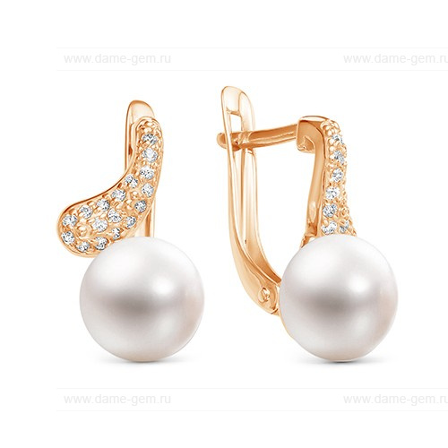 Серьги из красного золота с белыми жемчужинами 8,5-9 мм. Артикул 9132