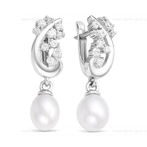 Серьги из белого золота с белыми жемчужинами 9-10 мм. Артикул 12106