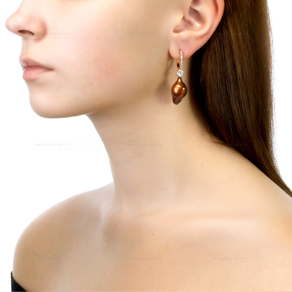 Серьги из серебра с шоколадными жемчужинами 13-16 мм. Артикул 11362