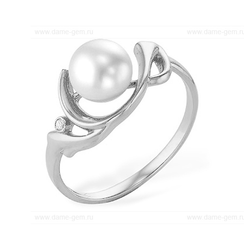 Кольцо из белого золота 585 пробы с белой жемчужиной 7,5-8 мм. Артикул 12025
