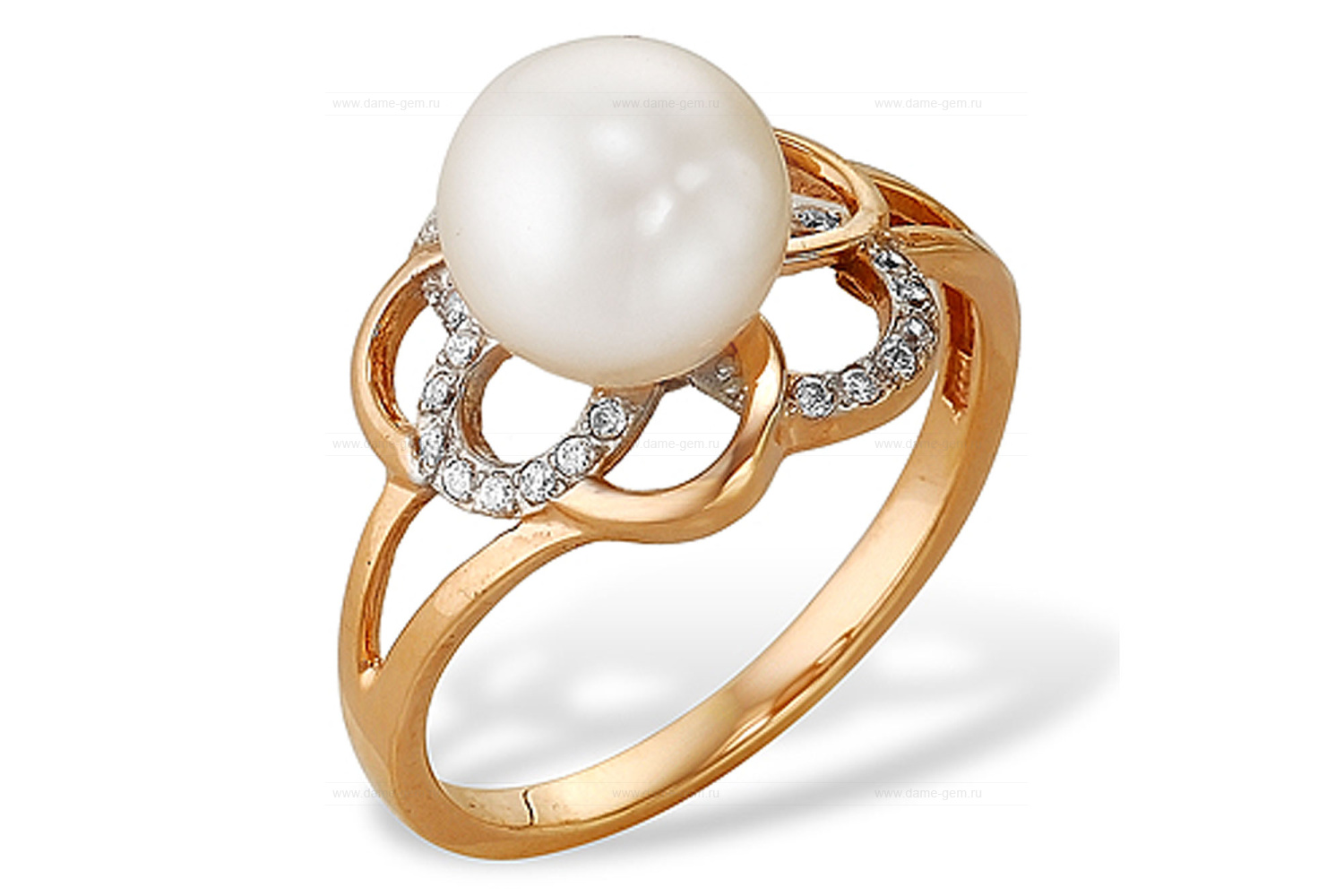 Кольцо из красного золота 585 пробы с белой жемчужиной 7-7,5 мм. Артикул 10153