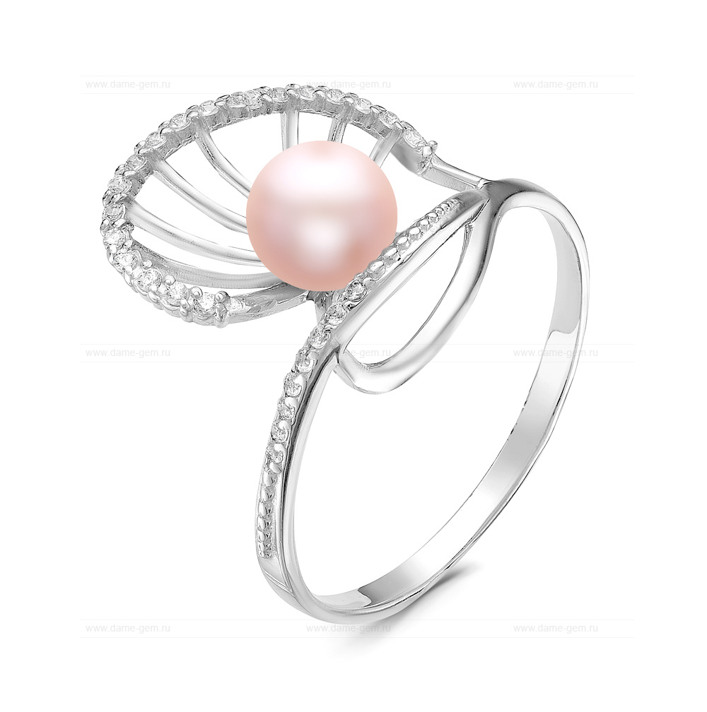 Кольцо из серебра 925 пробы с розовой жемчужиной 7-7,5 мм. Артикул 11792