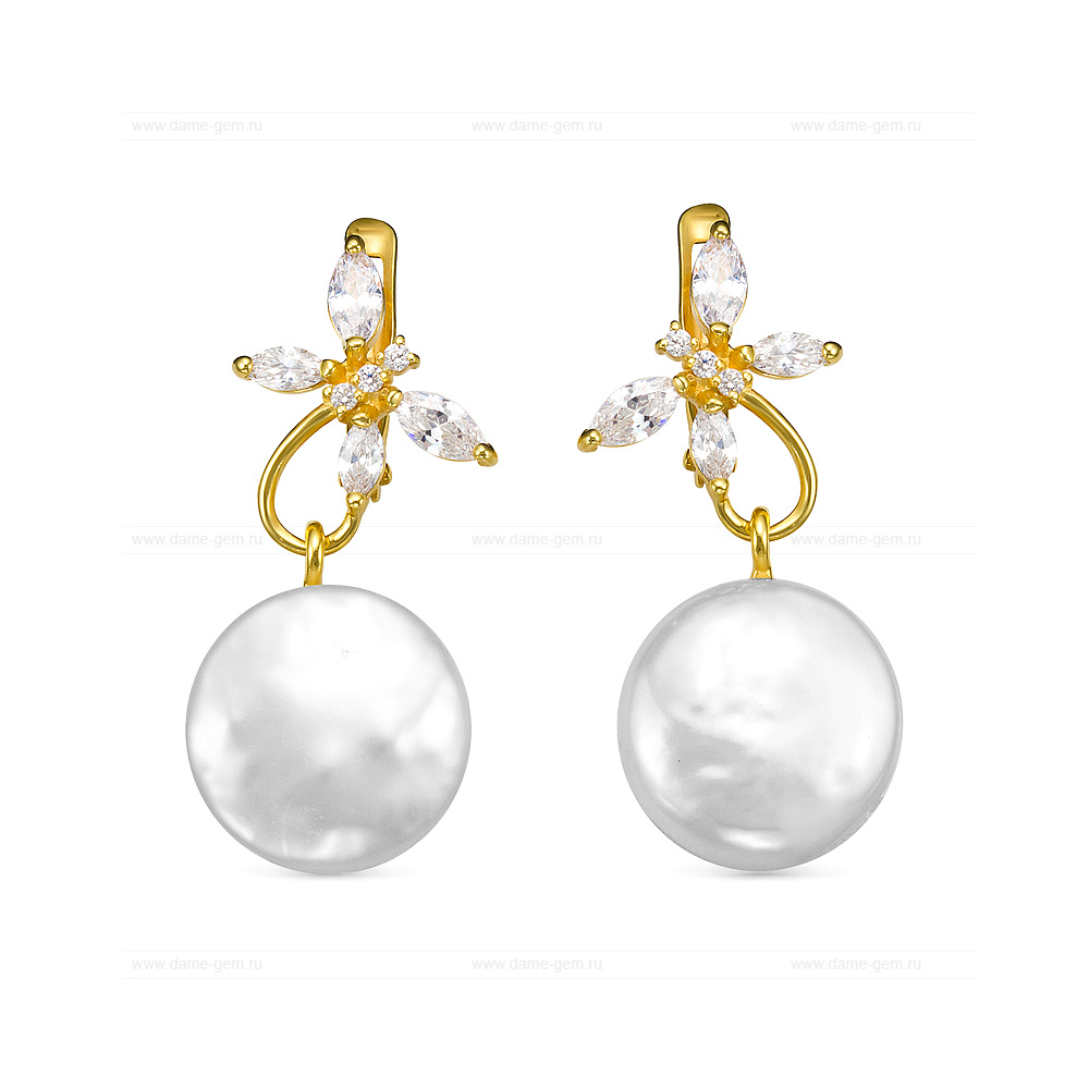 Серьги из серебра с белыми жемчужинами "барокко" 13-13,5 мм. Артикул 12483